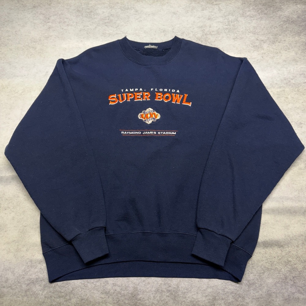 Vintage NFL Super Bowl XXXV 2001 Raymond James Stadium Navy Sweatshirt Large Y2K